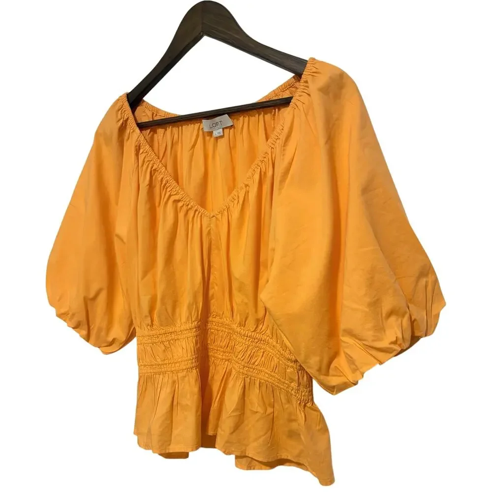 LOFT Bright Orange Smocked Peasant Puff Sleeve Peplum Blouse Women’s L